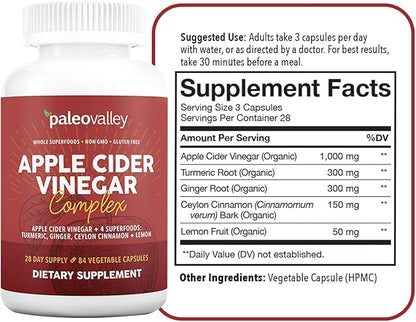 Paleovalley Apple Cider Vinegar Complex with Superfoods - Turmeric, Ginger, Ceylon Cinnamon and Lemon - 84 Vegetable Capsules