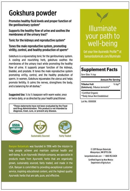 Banyan Botanicals Gokshura Powder– Organic Tribulus Terrestris Fruit – Rejuvenating Tonic for Kidney & Adrenal Health, Stress, and Male Vitality* – ½lb. – Non-GMO Fair for Life Fair Trade Certified