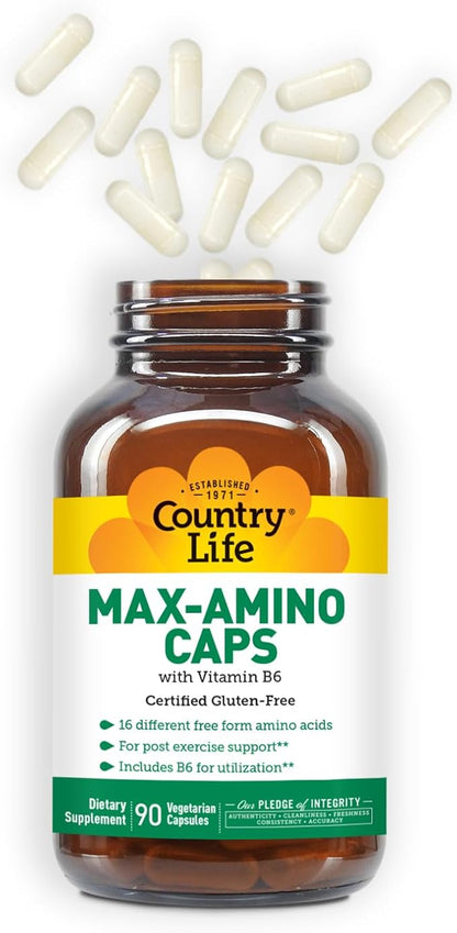 Country Life Maxi-Amino with 16 Free Form Amino Acids, 90 Vegetarian Capsules, Certified Gluten Free, Certified Vegetarian