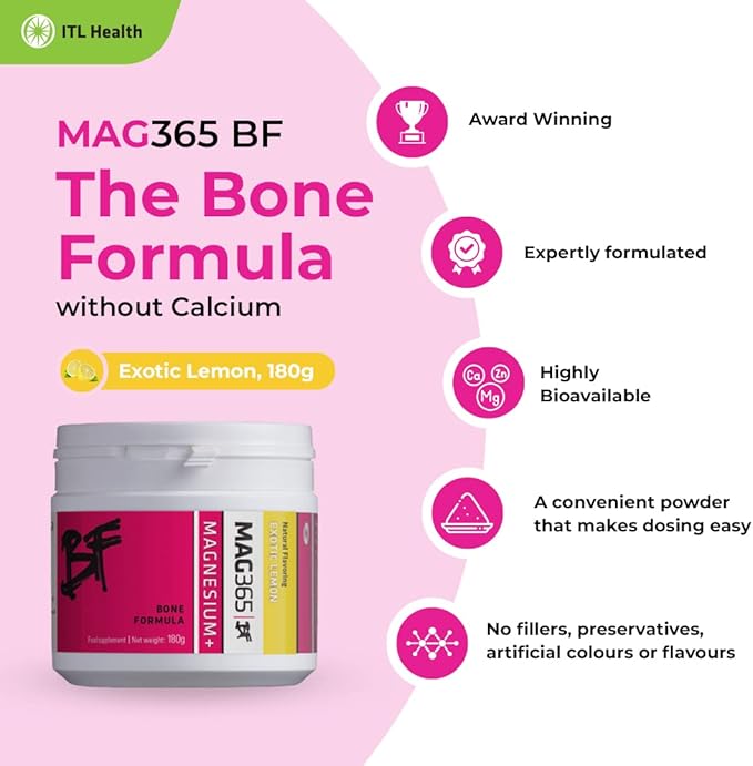 Magnesium | ITL Health | Bone Support Formula | Ionic Magnesium Citrate | Zinc | Vitamin C, B6, D3, K2 | Boron | Potassium | Exotic Lemon | 180g Powder for Optimal Health