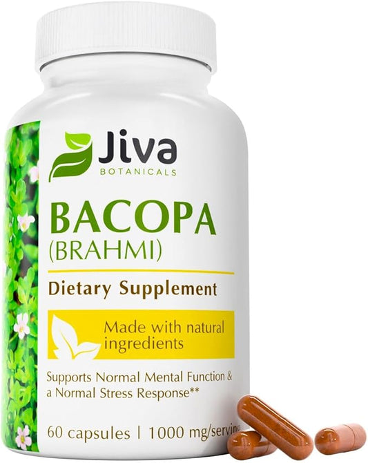 Jiva Botanicals Bacopa Monnieri Supplement 1000mg per Serving - Bacopa Monnieri (Brahmi) & Extract for Normal Brain, Focus, & Memory Support - Ayurvedic Herbs, Made in The USA - 60 Capsules