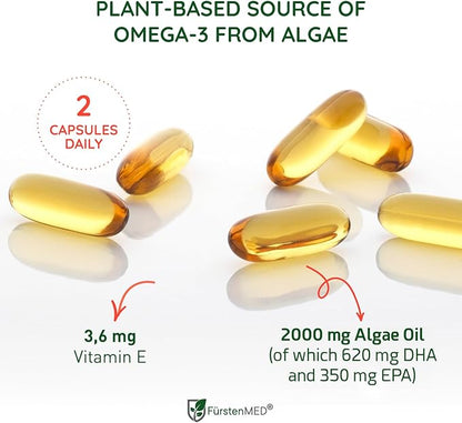 FürstenMED® Algae Oil Vegan Omega 3 - Heart, Brain & Joint Health Support - 2000mg Algae Oil of which 700mg DHA & 320mg EPA + 3,6mg Vitamin E per Daily Dose - Essential Fatty Acids