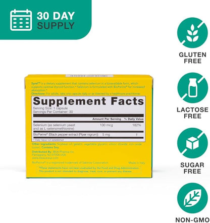 Syrel - Thyroid Support Supplement – 100mcg Selenium and 5mg BioPerine - 30 Soft- Gel Caps for Increased Bioavailability and Absorption - Gluten-Free, Lactose-Free, Sugar-Free, Non-GMO