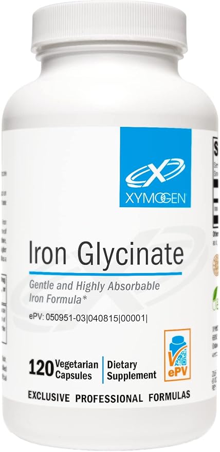XYMOGEN Iron Glycinate Supplement – Patented Iron BisGlycinate Vitamin - Designed for High Absorption – Supports Hemoglobin & Ferritin Levels – Gentle on Digestion (120 Capsules)