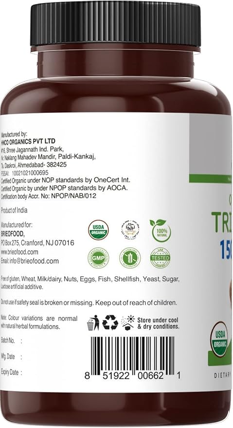 Brieofood Organic Triphala 1500mg, 45 Servings, Vegetarian, Gluten Free, 90 Vegetarian Tablets