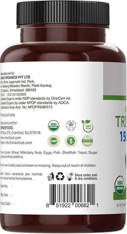 Brieofood Organic Triphala 1500mg, 45 Servings, Vegetarian, Gluten Free, 90 Vegetarian Tablets