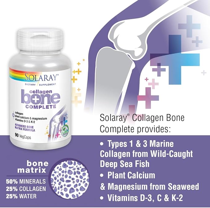 SOLARAY Collagen Bone Complete | Advanced Bone Matrix Formula with Plant Calcium & Magnesium | 30 Servings | 90 VegCaps