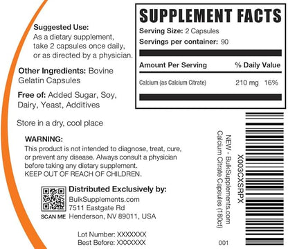 BulkSupplements.com Calcium Citrate Capsules - Calcium Citrate Supplement - Soy Free -180 Capsules (Pack of 1)