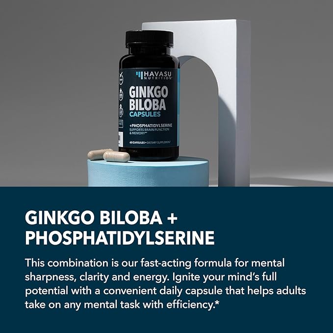 Ginkgo Biloba 120mg with Phosphatidylserine - Nootropic Brain Health, Memory, and Focus Supplement - Supports Cognitive Function, Mental Clarity, and Alertness - 60 Non-GMO Capsules, 2 Month Supply
