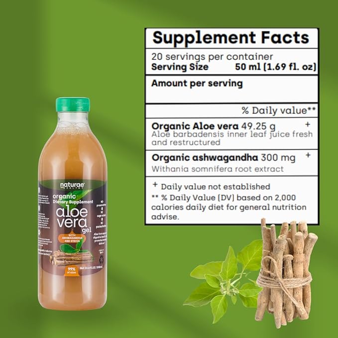 Naturae Healthy Organic Aloe Vera juice with Ashwagandha & Stevia -Cold processed- Fresh Aloe Vera leaves- 33.81 Fl Oz