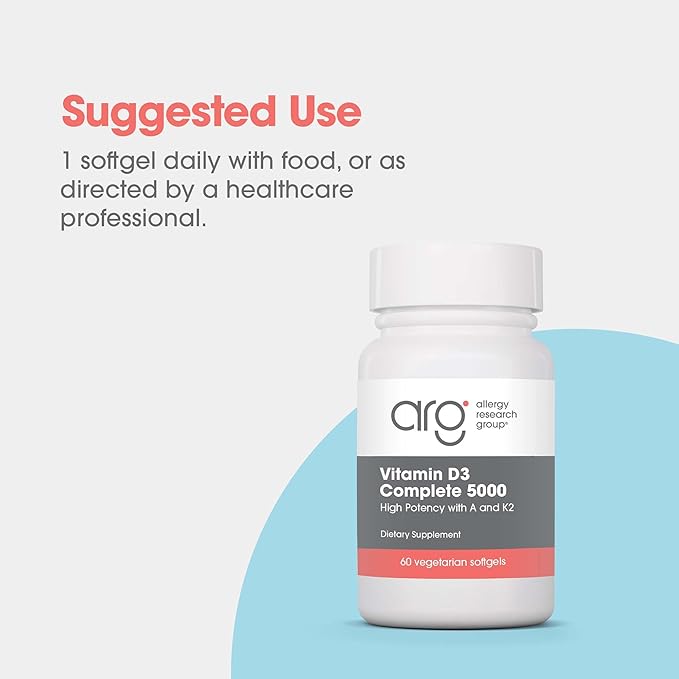 Allergy Research Group Vitamin D3 Complete 5000 IU - Vitamin D3 and K2 Supplement, Daily Balance, with Vitamin A, DeltaGold Tocotrienols, High Potency, Veggie Softgels - 60 Count