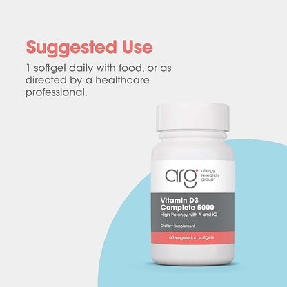 Allergy Research Group Vitamin D3 Complete 5000 IU - Vitamin D3 and K2 Supplement, Daily Balance, with Vitamin A, DeltaGold Tocotrienols, High Potency, Veggie Softgels - 60 Count