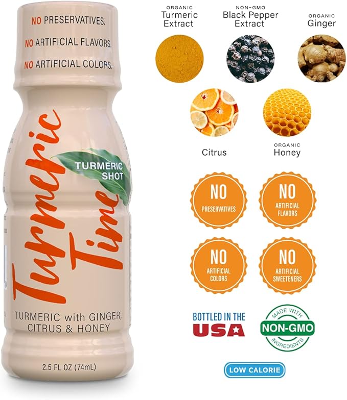 Turmeric Shots - Turmeric with Ginger, Citrus & Honey | Non-GMO | No Preservatives or Artificial Flavors/Colors/Sweeteners | B Vitamins | Liquid Turmeric (12 Pack)