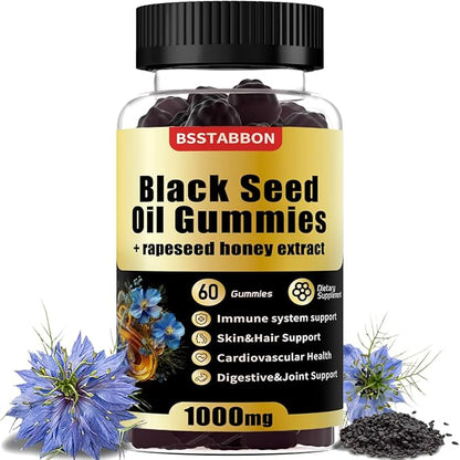 Black Seed Oil Gummies with 1000mg Organic Black Seed Oil, 25mg rapeseed Honey Extract,Vitamin B6,B12 and zinc for Immune System Support (60 Gummies) (60 Count)