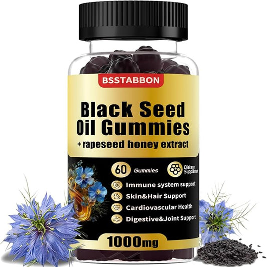 Black Seed Oil Gummies with 1000mg Organic Black Seed Oil, 25mg rapeseed Honey Extract,Vitamin B6,B12 and zinc for Immune System Support (60 Gummies) (60 Count)