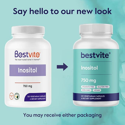 BESTVITE Inositol 750 mg as Myo Inositol (120 Vegetarian Capsules) - No Stearates - Vegan - Non GMO - Gluten Free