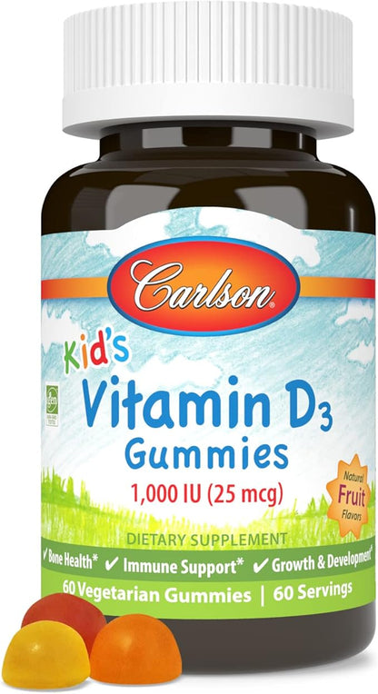 Carlson - Kid's Vitamin D3 Gummies, 1000 IU (25 mcg), Bone Health & Immune Support, Growth & Development, Vitamin D Gummies, D3 Gummy Vitamins, Natural Fruit Flavors, 60 Vegetarian Gummies