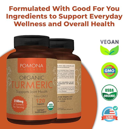 Pomona Wellness Organic Turmeric Supplement 2100 mg, USDA Organic, Non-GMO, Vegan, Turmeric Curcumin with Black Pepper for Absorption, for Joint Support and Immunity, 120 Tablets