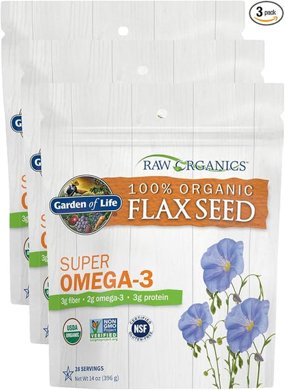 Garden of Life 100% Organic Ground Flax Seed, Cold Milled Premium Golden Flaxseed Meal for Women and Men, 2g Omega 3, Lignans, 3g Fiber, 3g Protein, One Ingredient, Preservative Free, 28 Servings (Pack of 3)