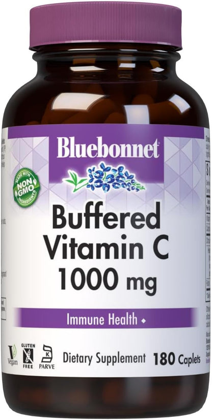 BlueBonnet Nutrition Buffered Vitamin C1000 mg Caplets Buffered Calcium Ascorbate, for Immune Health Soy Free Gluten Free NonGMO Kosher Dairy Free Vegan Caplets, White, Citrus, 180 Count