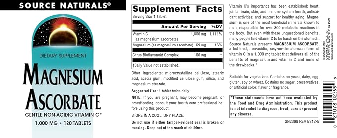Source Naturals Magnesium Ascorbate, Gentle Non-Acidic Vitamin C*, 1000mg - 120 Tablets
