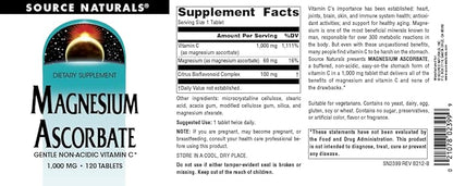 Source Naturals Magnesium Ascorbate, Gentle Non-Acidic Vitamin C*, 1000mg - 120 Tablets
