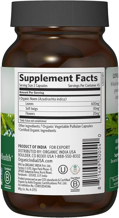 ORGANIC INDIA Neem Leaf Capsules, Herbal Supplement - Supports Skin, Immune, & Liver Health, Detox, Vegan, Gluten-Free, USDA Certified Organic - 180 Capsules