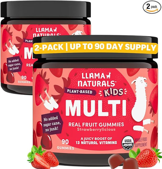 Llama Naturals Kids Multivitamin Gummies, Vegan, Organic with Vitamin D, C & K, Toddler Real Fruit Gummy Vitamins, Chewable Supplement, Whole Food Multivitamin, No Added Sugar Cane, Strawberry, 2 Pk