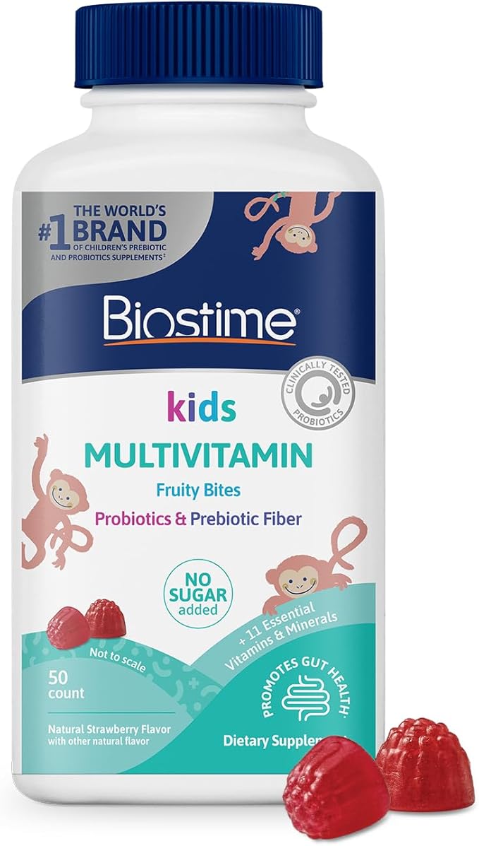 Biostime Kids Multivitamin Gummies with Probiotics & 11 Essential Vitamins (Ages 4+) | Multivitamin for Kids | No Added Sugar Fruity Bites | Free from Top 9 Allergens | 50 Count