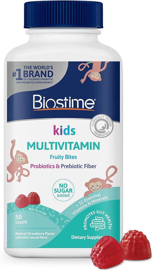 Biostime Kids Multivitamin Gummies with Probiotics & 11 Essential Vitamins (Ages 4+) | Multivitamin for Kids | No Added Sugar Fruity Bites | Free from Top 9 Allergens | 50 Count