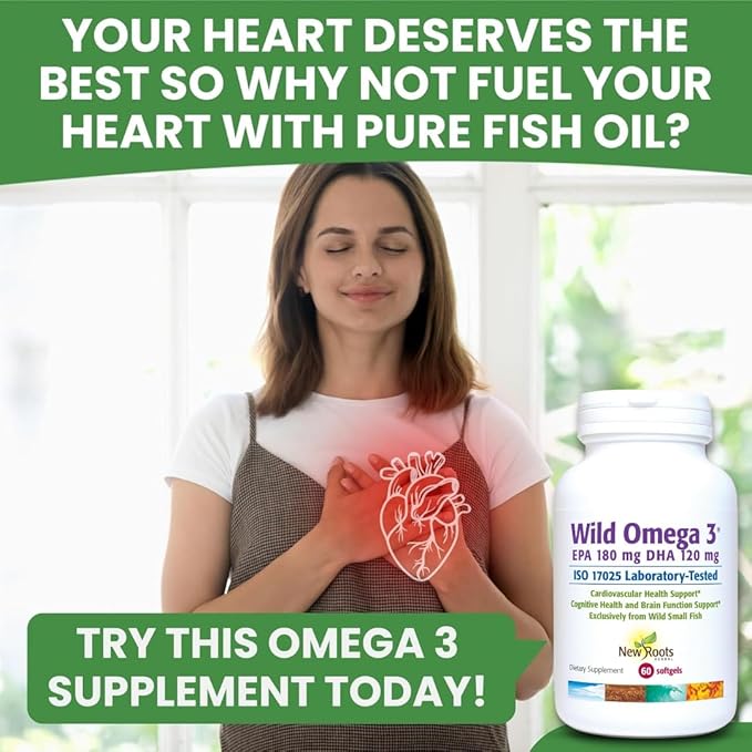 New Roots | Wild Omega 3 Supplement | Ultra Pure Fish Oil with Highest Concentration Vitamin E, 180 mg EPA and 120 mg DHA (60 Softgels)