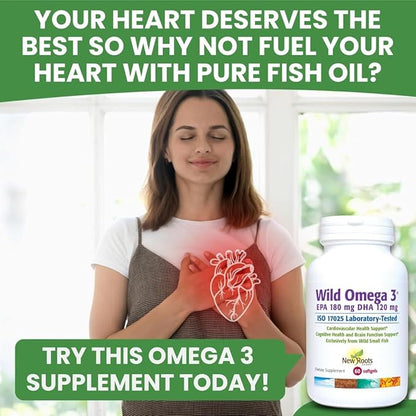 New Roots | Wild Omega 3 Supplement | Ultra Pure Fish Oil with Highest Concentration Vitamin E, 180 mg EPA and 120 mg DHA (60 Softgels)
