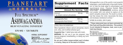 Planetary Herbals Ashwagandha Full Spectrum 570 mg, Rejuvenating Tonifier,120 Tablets
