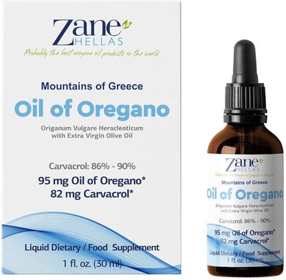 Zane Hellas 50% Oregano Oil. Greek Essential Oil of Oregano .86% Min Carvacrol. 82mg Carvacrol Per Serving. Probably The Best Oregano Oil in The World. 1 fl. oz.- 30ml