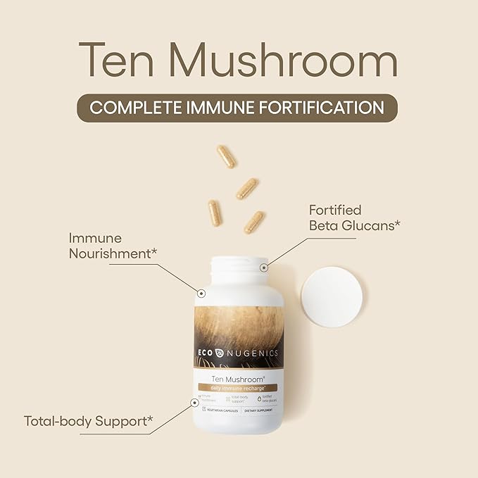 EcoNugenics Ten Mushroom Supplement: Daily Immune Support, 120 Capsules – Lion’s Mane, Reishi, Cordyceps, Turkey Tail, Maitake, Shiitake – Energy, Gut Health, Liver, Kidney & Nootropic Brain Support