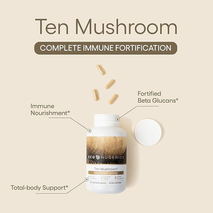 EcoNugenics Ten Mushroom Supplement: Daily Immune Support, 120 Capsules – Lion’s Mane, Reishi, Cordyceps, Turkey Tail, Maitake, Shiitake – Energy, Gut Health, Liver, Kidney & Nootropic Brain Support