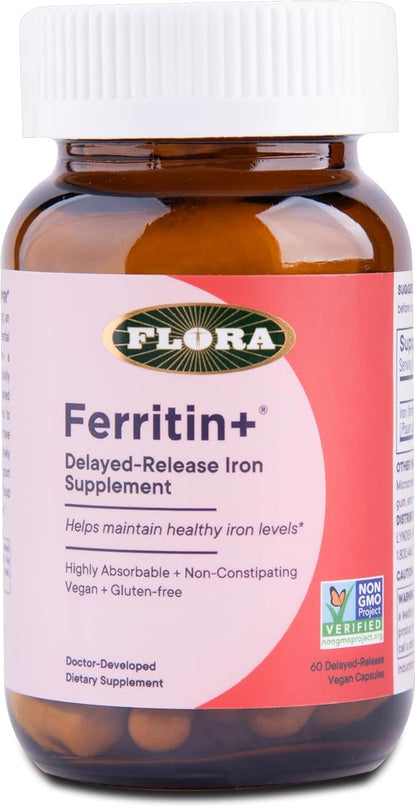 Flora Ferritin+ Delayed-Release Iron Supplement - Plant-Based Iron Supplement - Blood Cell & Energy Support - Vegan & Gluten-Free - Amber Glass Bottle - 60 Vegan Capsules