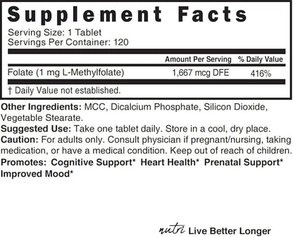 Nature's Fusions Nutri 5-MTHF L Methylfolate 1MG - 4 Month Supply, 120 Vegan Tablets - Methylated Folate Supplement - Cognitive Function, Heart Health, Prenatal Support - Methylated Folic Acid