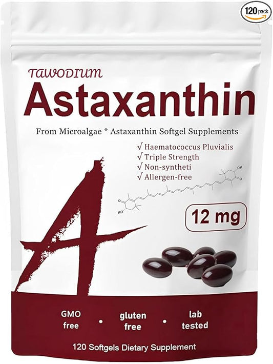 Astaxanthin Softgels 12mg, Microalgae Extracts - Triple Strength 120 Softgels Dietary Supplement | Tanning Pills, Non-synthetic, Allergen-free, Supports Eye, Joint, Internal Circulation Health