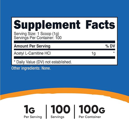 Nutricost Acetyl L-Carnitine HCI (ALCAR) 100 Grams per Container - 1G Per Serving - Non-GMO, Gluten Free, Unflavored