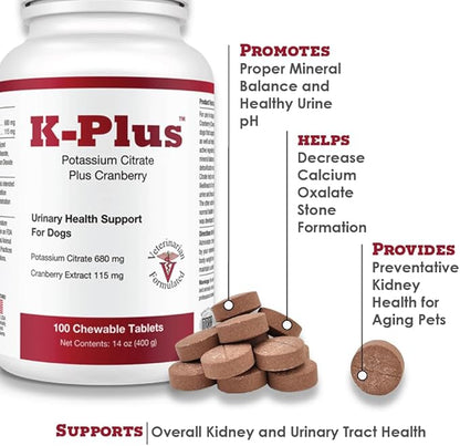K-Plus Potassium Citrate Plus Cranberry Supplement for Dogs - UTI Remedy Chewable Tablets - Supports Bladder Health - For Every Dog Breed (100 Tabs)