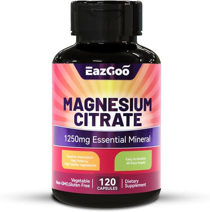Magnesium Citrate Capsules 1250mg, High Absorption Magnesium Citrate Supplement with Elemental Magnesium, Extra Strength Magnesium Supplement, Non-GMO, Gluten-Free, 120 Vegetable Capsules