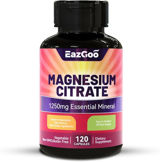 Magnesium Citrate Capsules 1250mg, High Absorption Magnesium Citrate Supplement with Elemental Magnesium, Extra Strength Magnesium Supplement, Non-GMO, Gluten-Free, 120 Vegetable Capsules