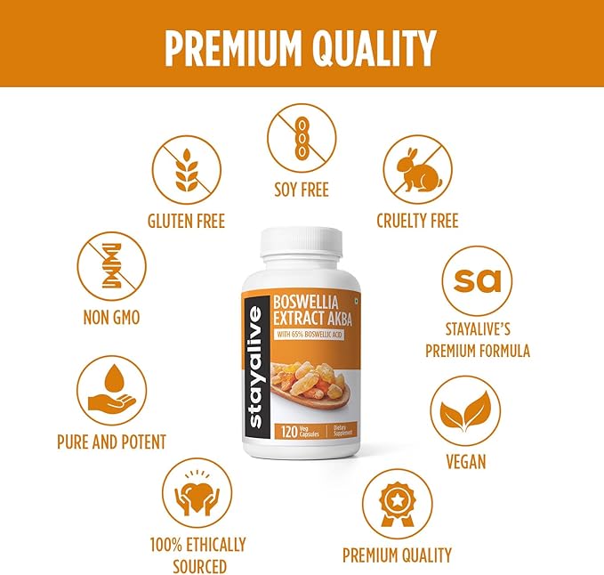 STAY ALIVE Boswellia Serrata Extract Capsules 1000mg with AKBA and 65% Boswellic Acid, 12:1 Resin Extract Powder, 120 Count for 2-Month Supply, Non-GMO and Gluten-Free Boswellia Supplement