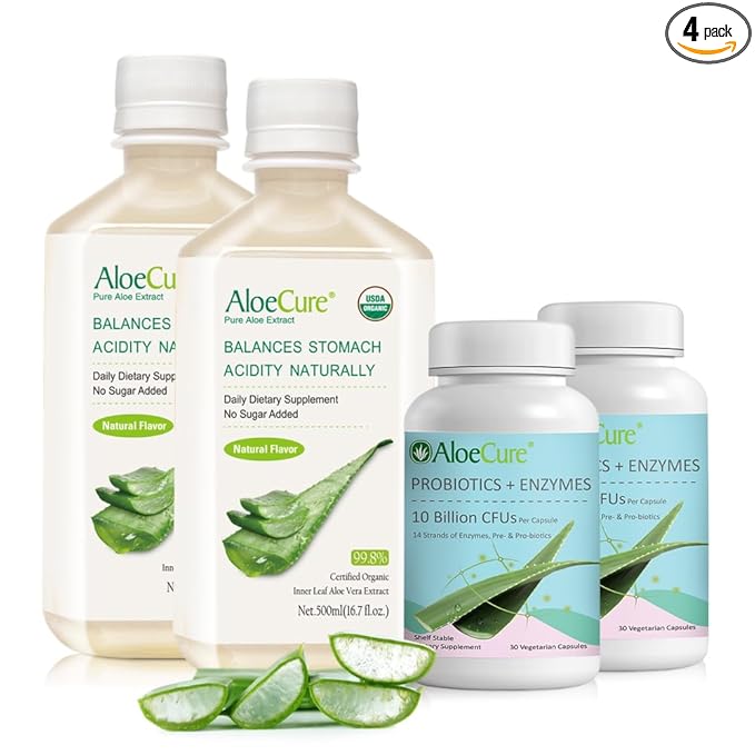 AloeCure Organic Aloe Vera Digestion Pack - 4 Pieces - 2 x 500ml Natural Flavor Juice, 2 x Probiotic + Enzyme