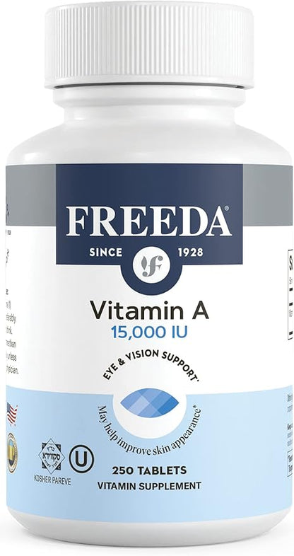 Freeda Vitamin A 15,000 IU – Retinyl Palmitate – Vegan, Kosher, No Fish – Eye, Vision, Immune & Skin Support – Tiny Easy-to-Swallow Tablets – VIT A Vitamina A Supplement – 250 Tablets