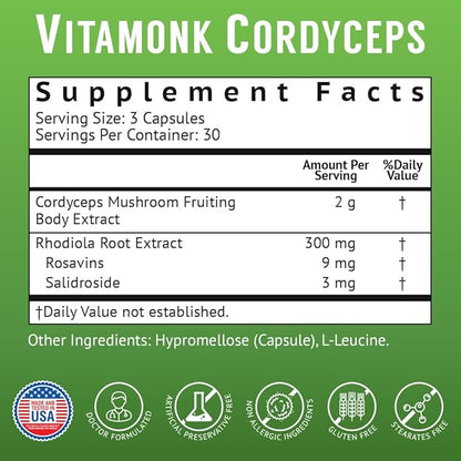 VitaMonk Cordyceps Mushroom Capsules with Rhodiola, 2 Grams of Cordyceps Mushroom Enhanced with Rhodiola - Boost Energy, Fight Stress, Enhance Performance, Non-GMO - 2000mg - 90 Caps