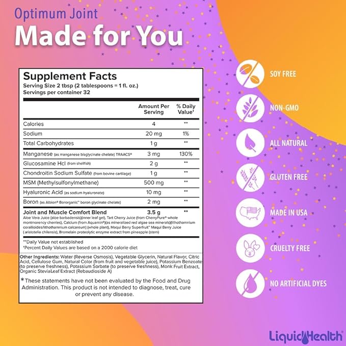 LIQUIDHEALTH Optimum Joint Support Liquid Multivitamin with Glucosamine, Chondroitin, MSM, Hyaluronic Acid - Increase Mobility, Joint Comfort, for Runners & Athletes - Made in USA, Vegan (4 Pack)