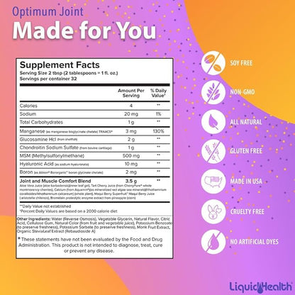 LIQUIDHEALTH Optimum Joint Support Liquid Multivitamin with Glucosamine, Chondroitin, MSM, Hyaluronic Acid - Increase Mobility, Joint Comfort, for Runners & Athletes - Made in USA, Vegan (4 Pack)