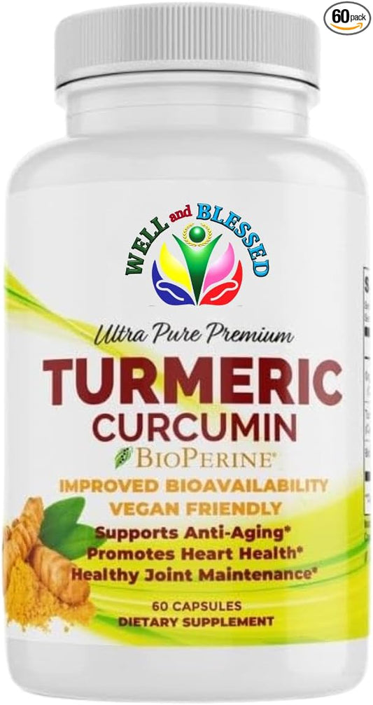 Turmeric Curcumin Supplement with BioPerine - 60 Capsules - Organic Turmeric Root Extract - Vegan Friendly, Enhanced Absorption, Daily Joint and Heart Support
